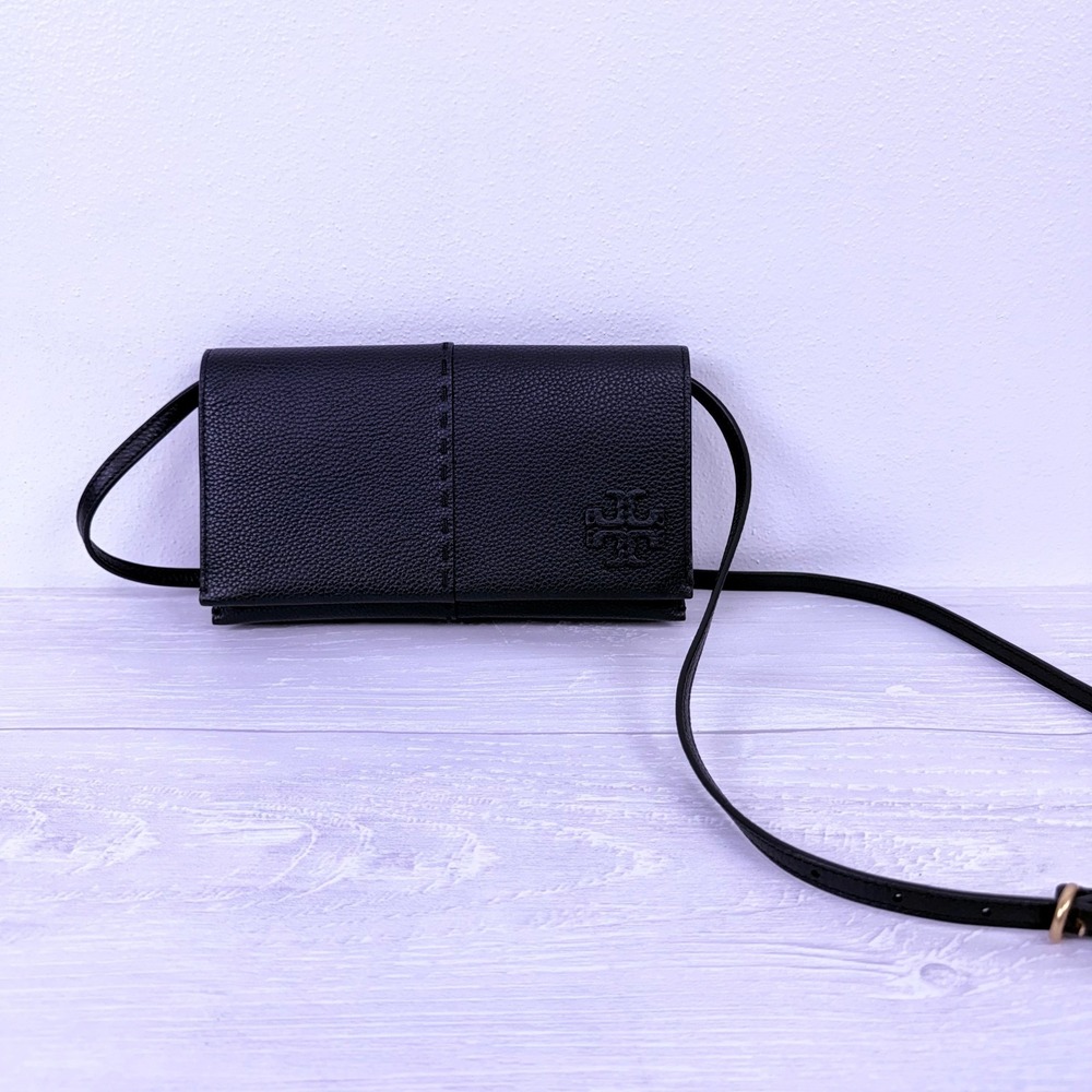 NWT Tory Burch McGraw Wallet Crossbody Bag‎ Black Leather Clutch Pebbled Flap